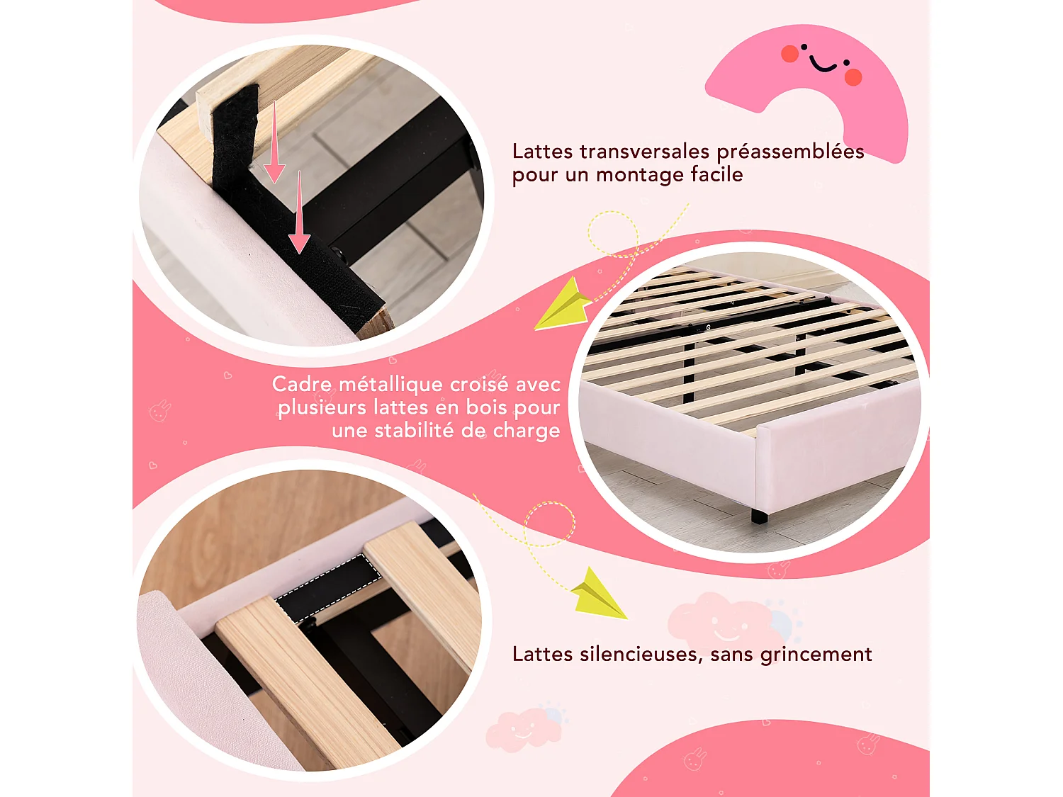 Kinderbett 90 x 200 cm, rosa, einfacher Aufbau, mit mehrfarbigen LEDs, originelles Wolken-Kopfteil