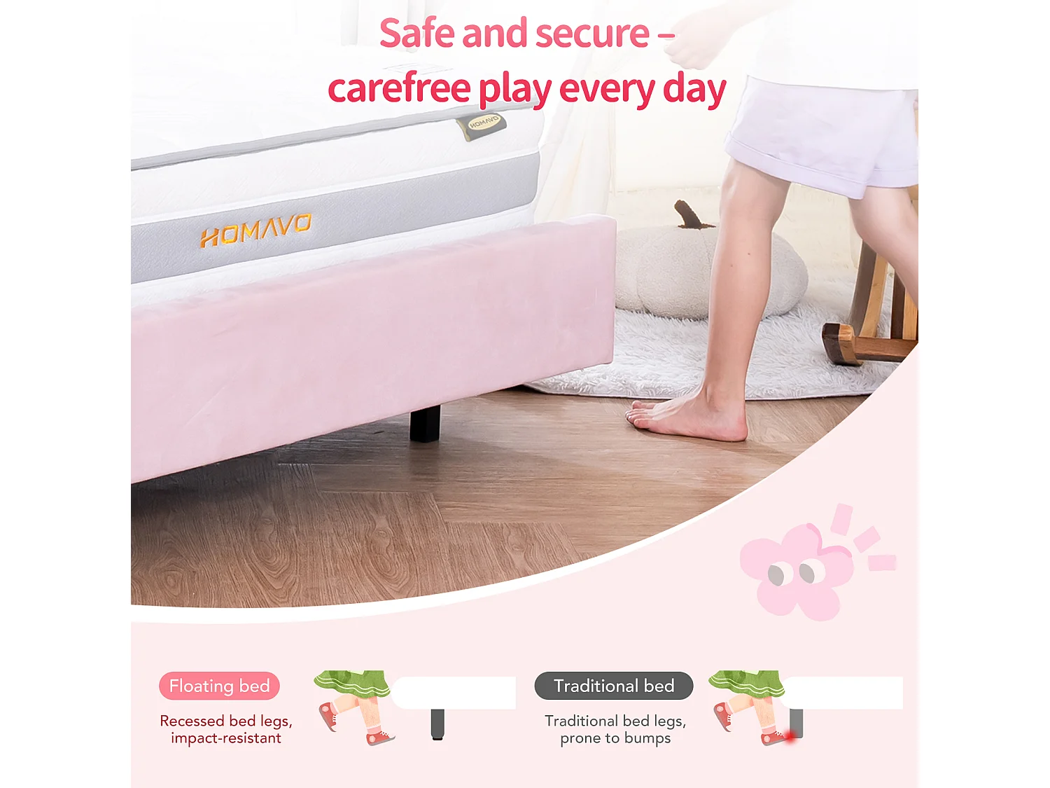 Letto per bambini 140x200 cm rosa, facile da montare, con LED multicolori e originale testiera a forma di nuvola