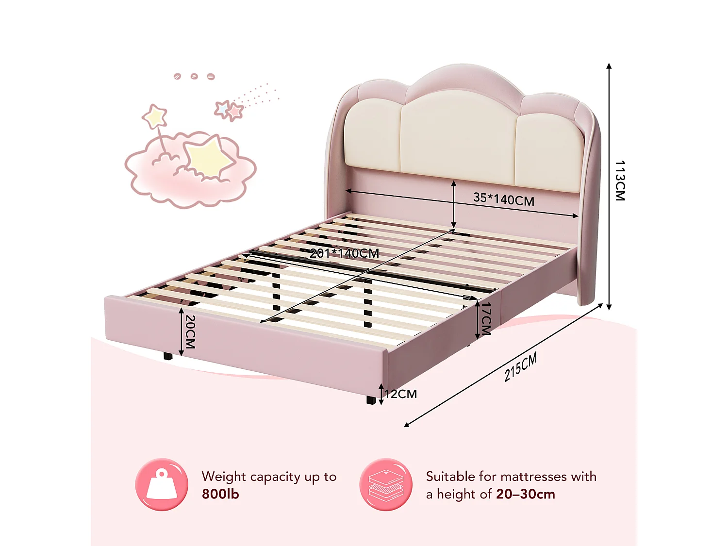 Letto per bambini 140x200 cm rosa, facile da montare, con LED multicolori e originale testiera a forma di nuvola