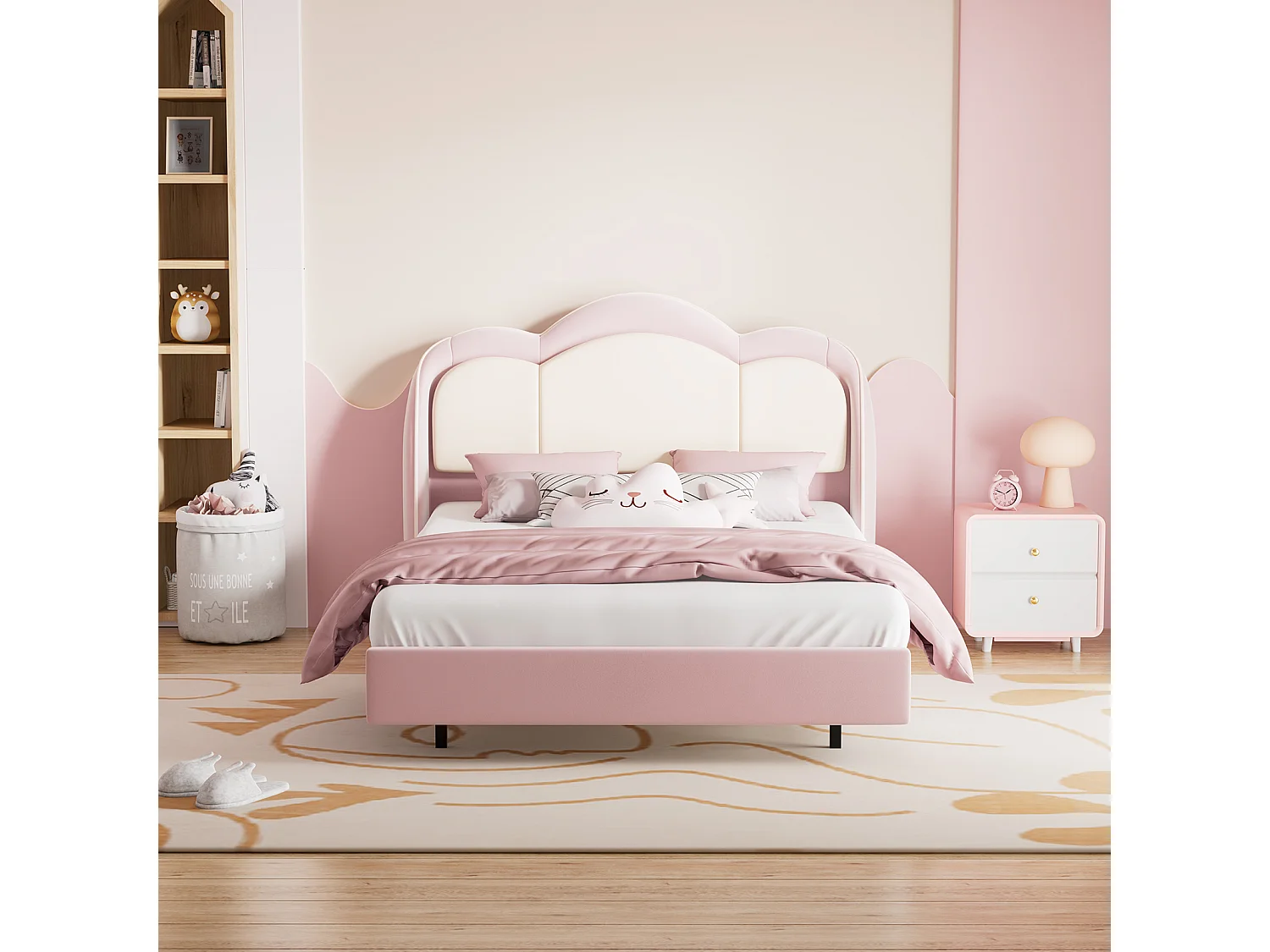 Cama infantil de 90 x 200 cm en color rosa, fácil de montar, con luces LED multicolores y un original cabecero con forma de nube
