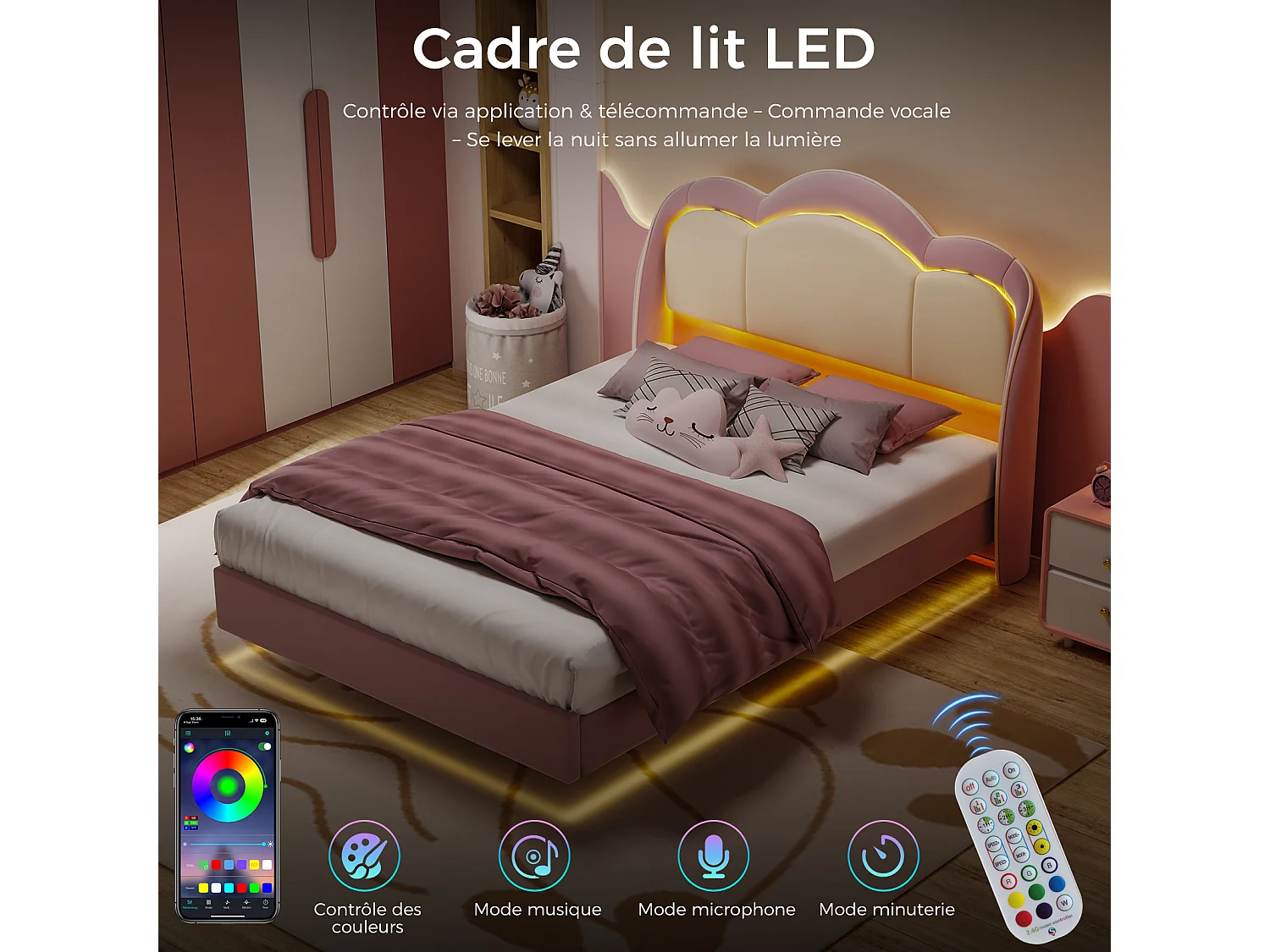 Cama infantil de 140 x 200 cm en color rosa, fácil de montar, con luces LED multicolores y un original cabecero con forma de nube