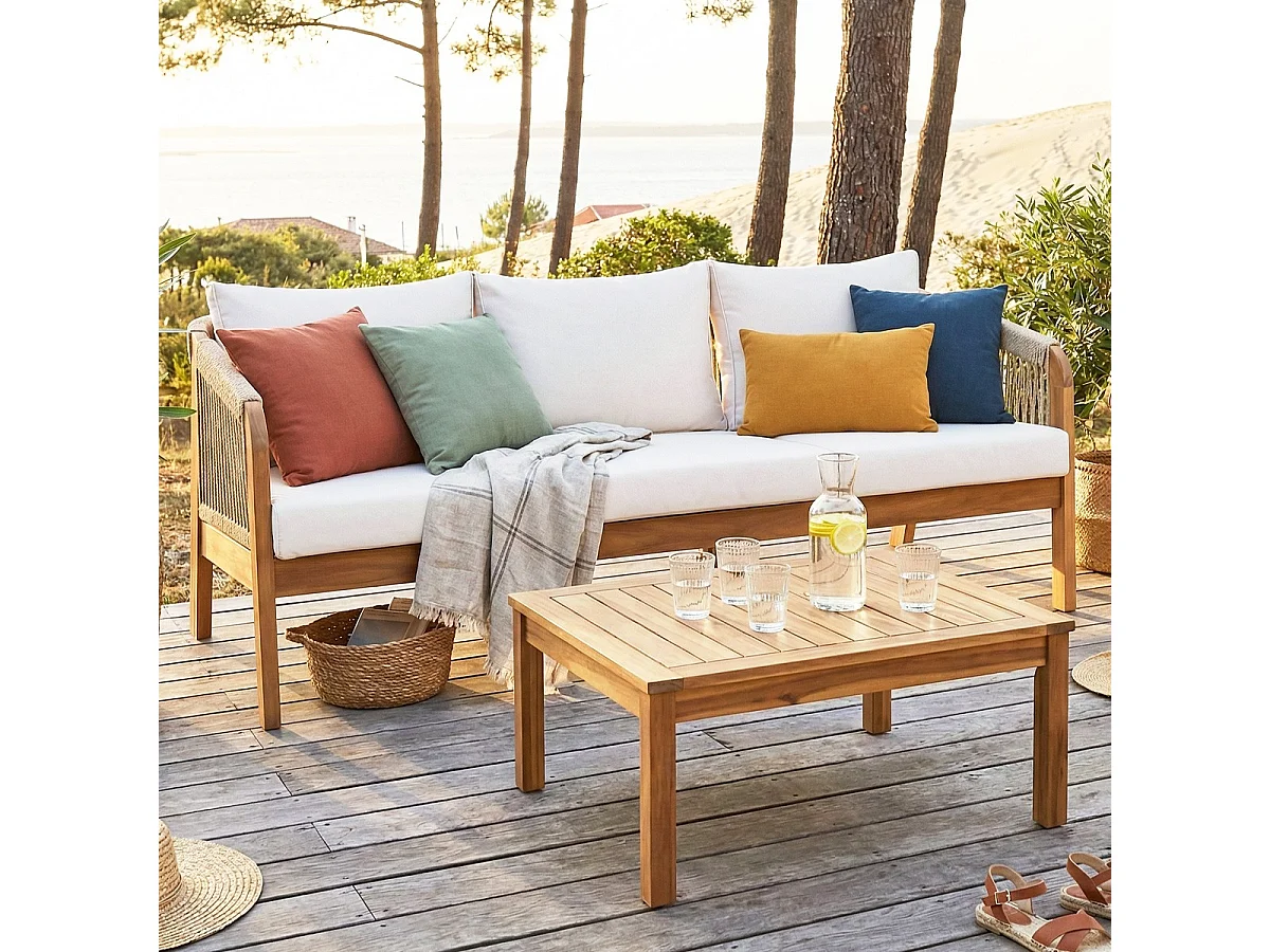 Canapé de jardin 3 places en bois FSC - coussins beiges - Symi