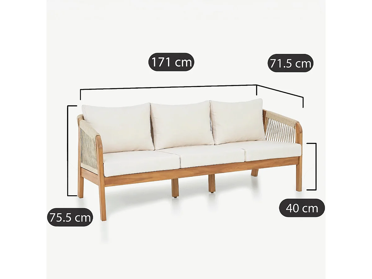 Canapé de jardin 3 places en bois FSC - coussins beiges - Symi