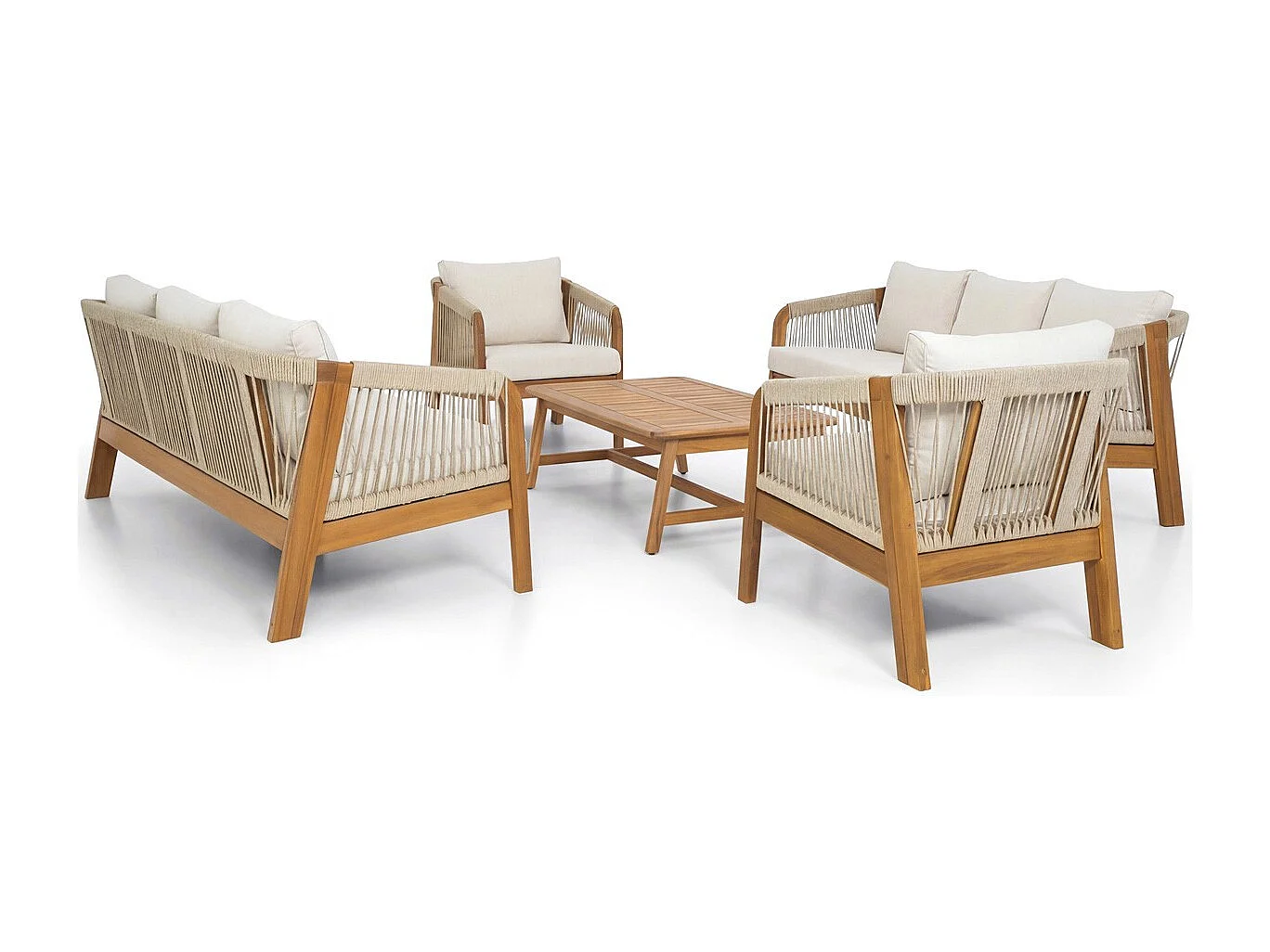 Salon de jardin 8 places en bois FSC - 2 Canapés 3 pl. , 2 fauteuils et table basse - beige - Symi