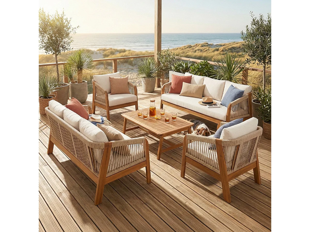 Salon de jardin 8 places en bois FSC - 2 Canapés 3 pl. , 2 fauteuils et table basse - beige - Symi