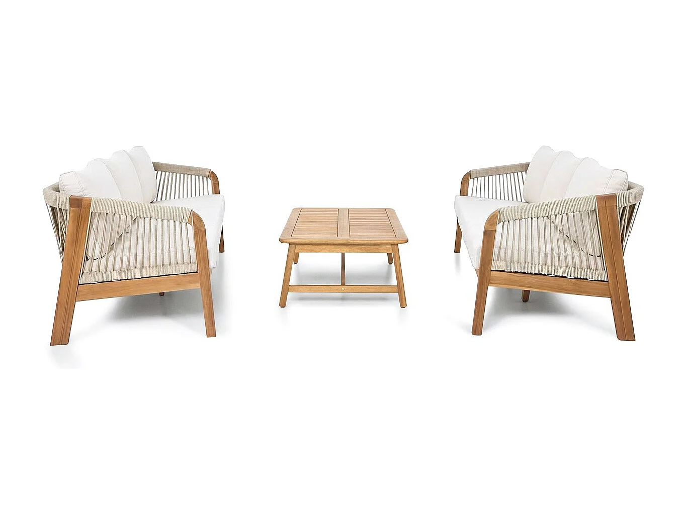 Salon de jardin 6 places en bois FSC - 2 canapes 3 pl. et table basse - beige - Symi