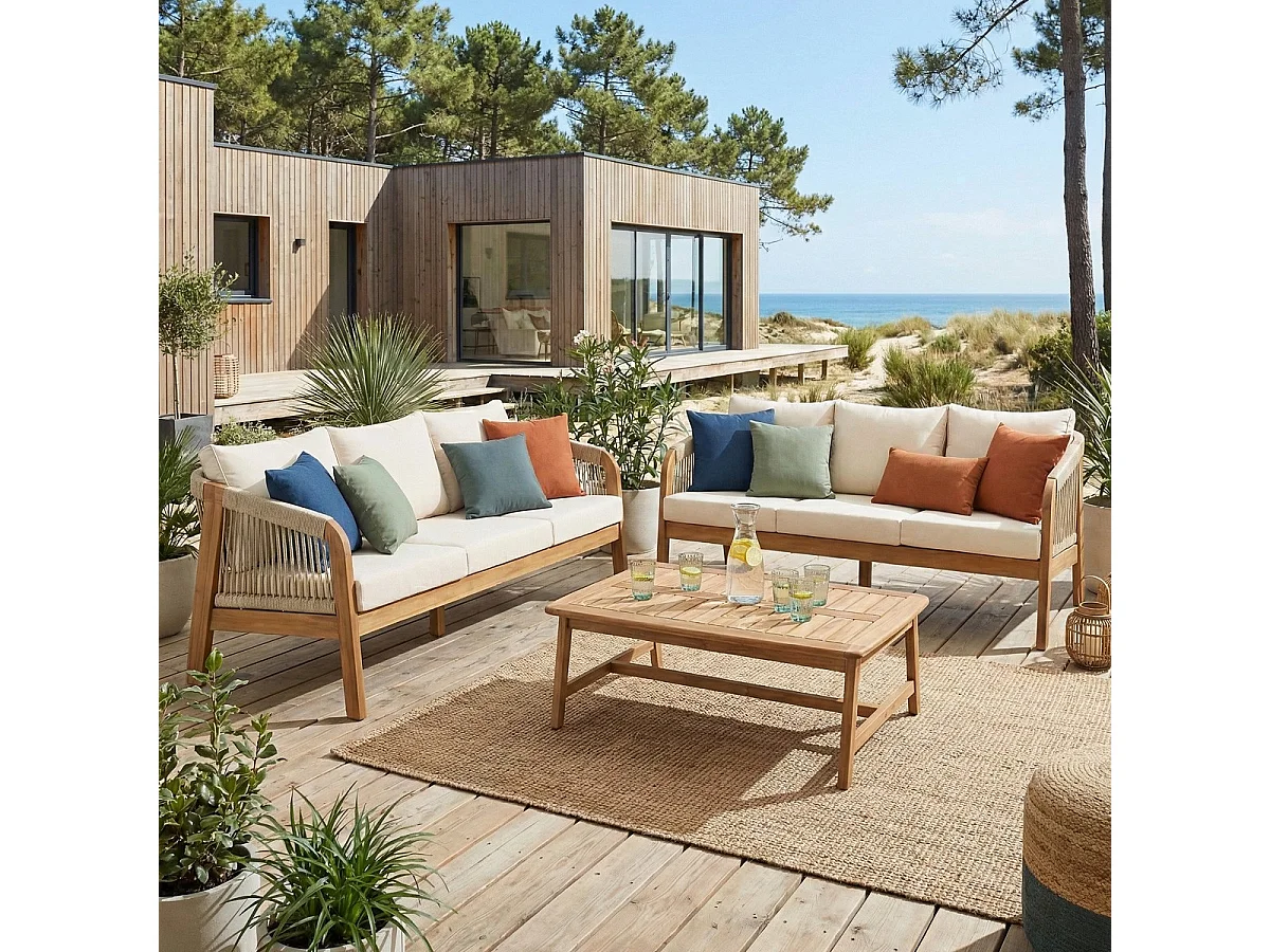 Salon de jardin 6 places en bois FSC - 2 canapes 3 pl. et table basse - beige - Symi