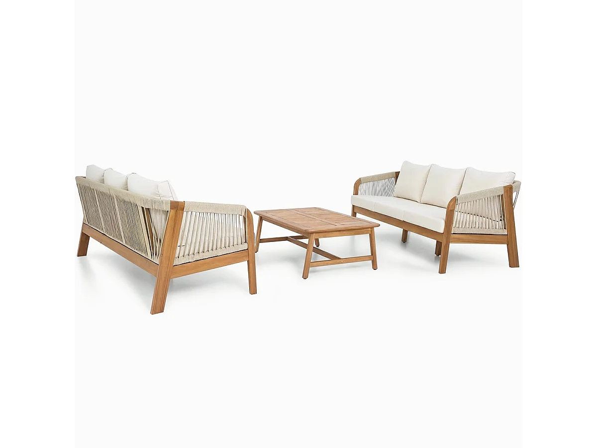 Salon de jardin 6 places en bois FSC - 2 canapes 3 pl. et table basse - beige - Symi