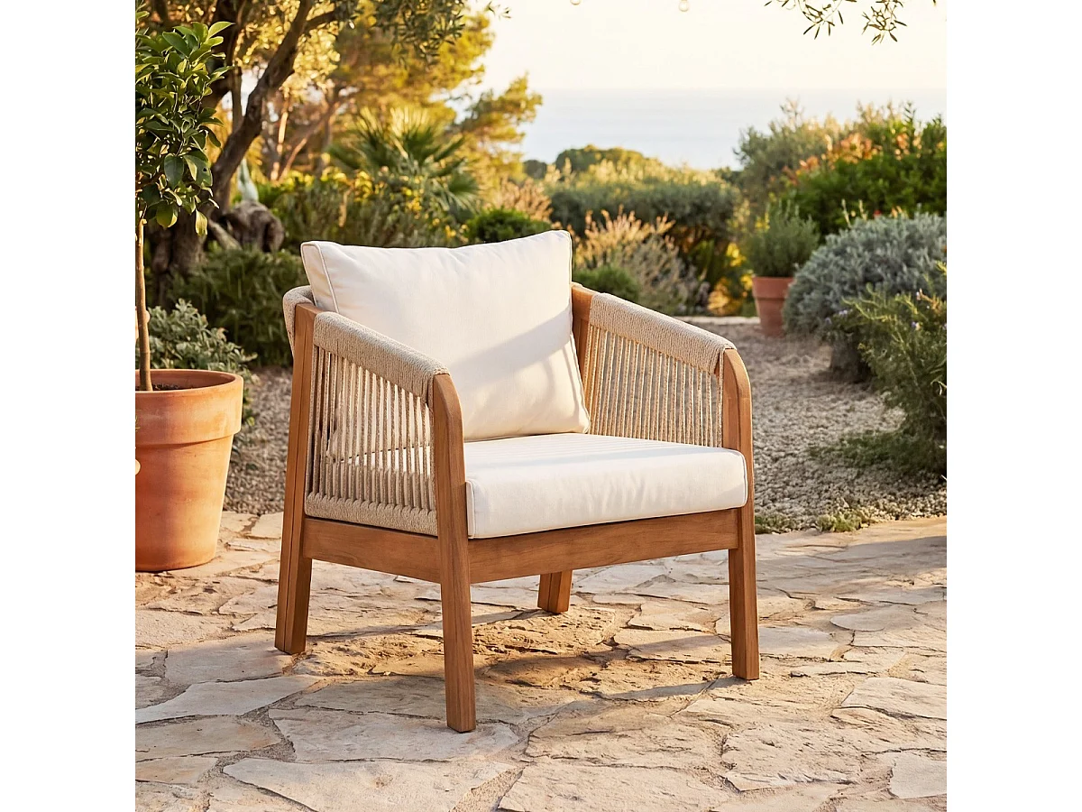 Lot de 2 fauteuils de jardin en bois FSC - coussins beiges - Symi