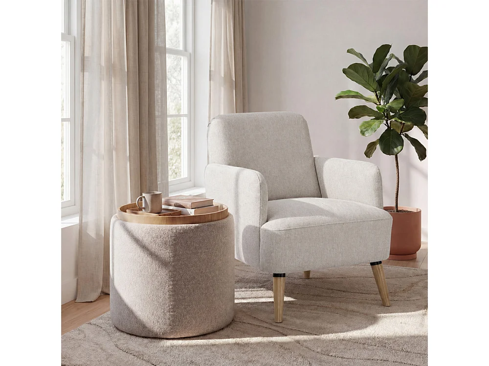 Brooks - Fauteuil rétro en tissu pieds bois clair - Beige