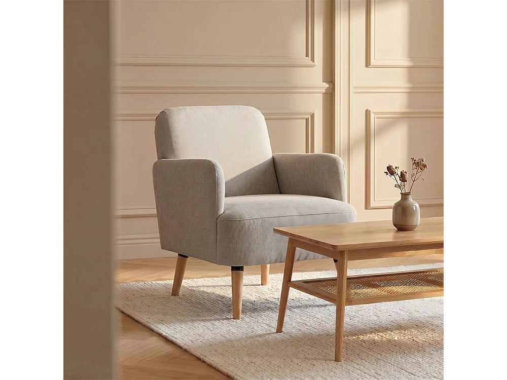 Brooks - Fauteuil rétro en tissu pieds bois clair - Beige