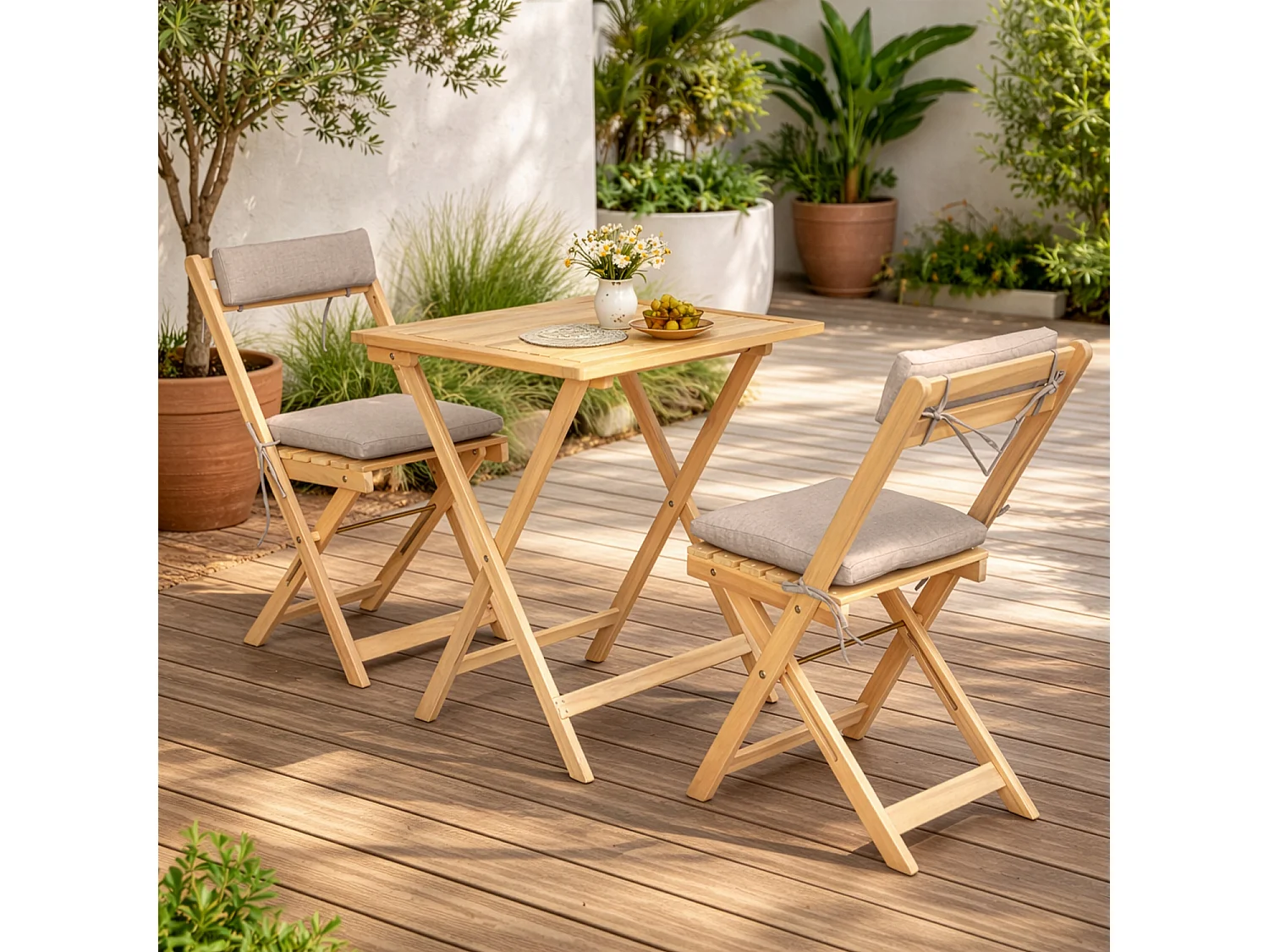Ensemble table et chaises 2 places en acacia et coussins sable BENAGIL - HAPPY GARDEN