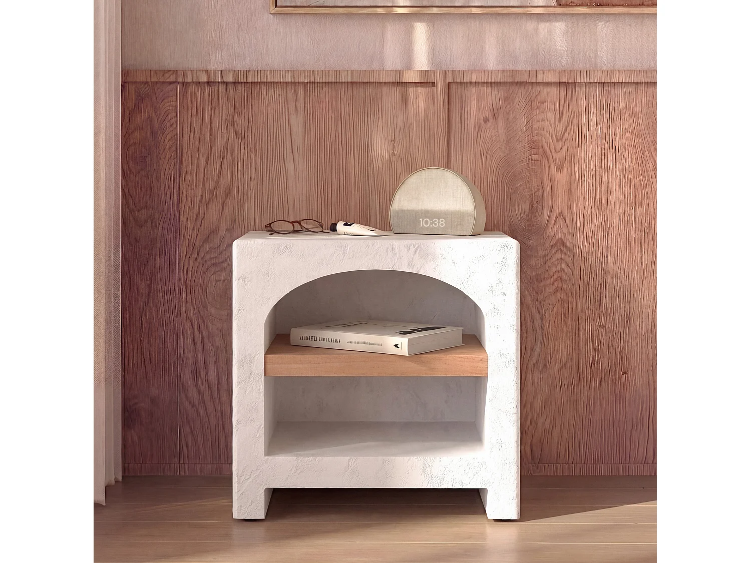 Mesa de noche de yeso blanco roto y madera de acacia - Fira