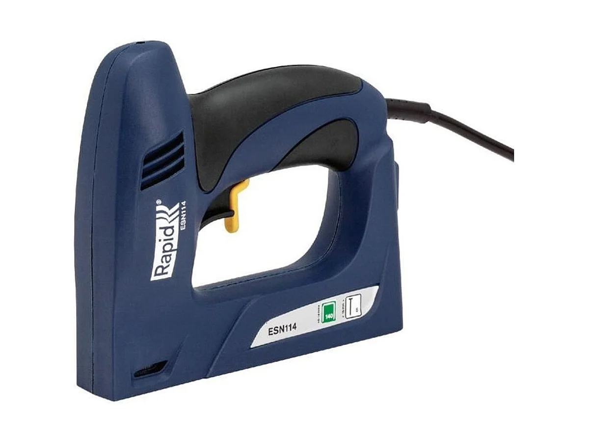 Grapadora eléctrica profesional RAPID ESN114 negra, doble depósito para grapas/clavos, ajuste de potencia, pico corto ergonómico