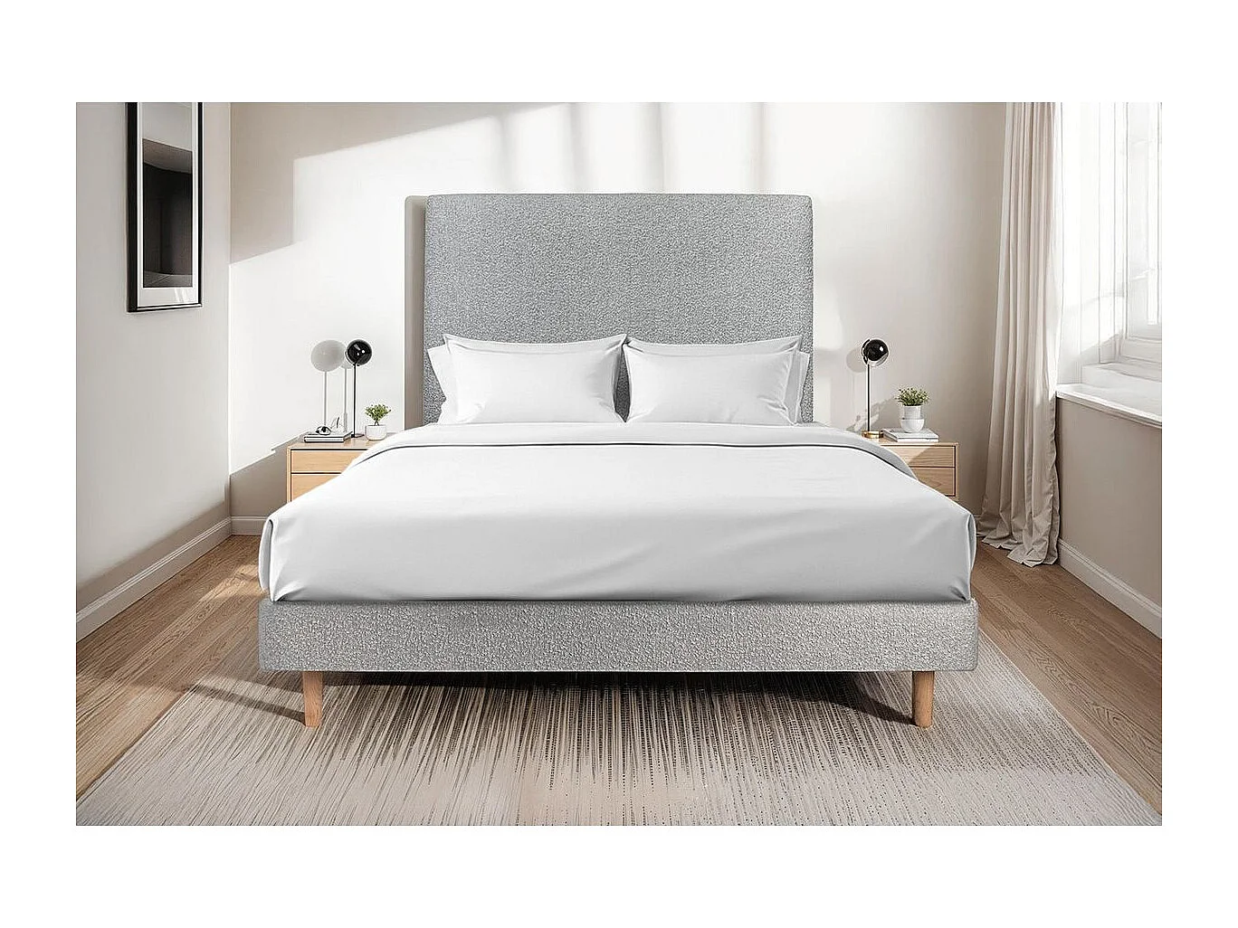 Lit 140x190cm avec tête de lit tapissier bouclette et sommier kit Gris - Hauteur totale : 29cm