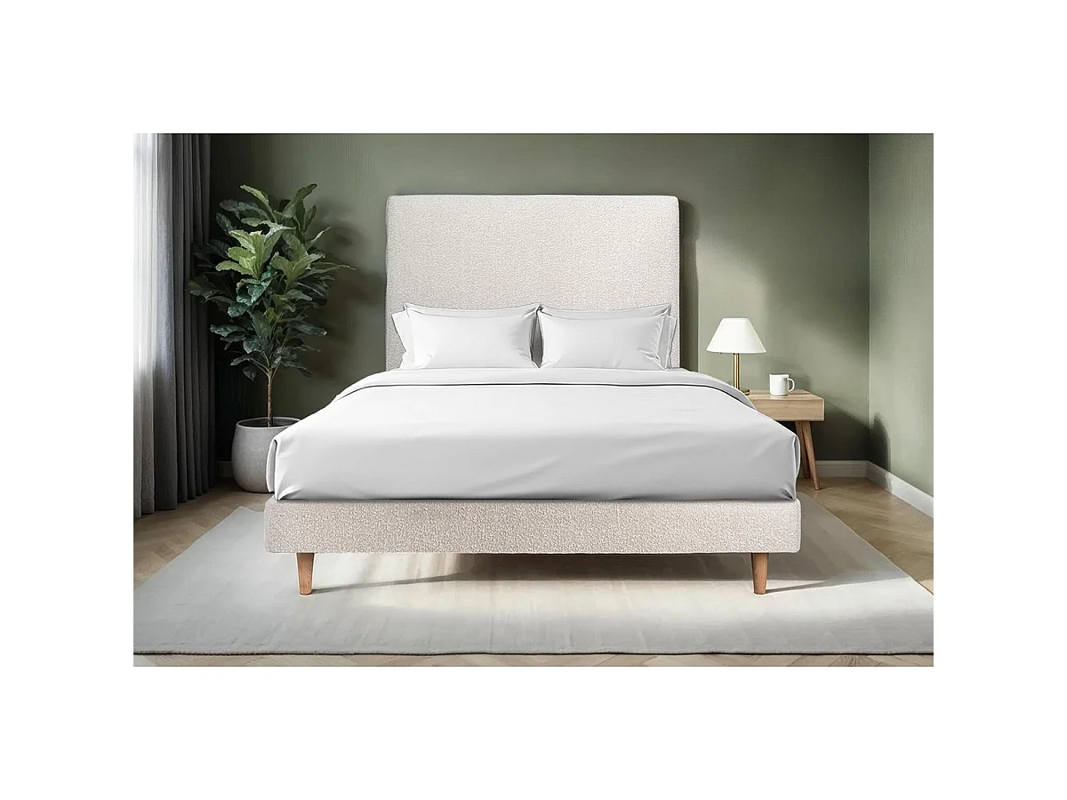 Lit 150x200cm avec tête de lit tapissier bouclette et sommier kit Beige - Hauteur totale : 29cm