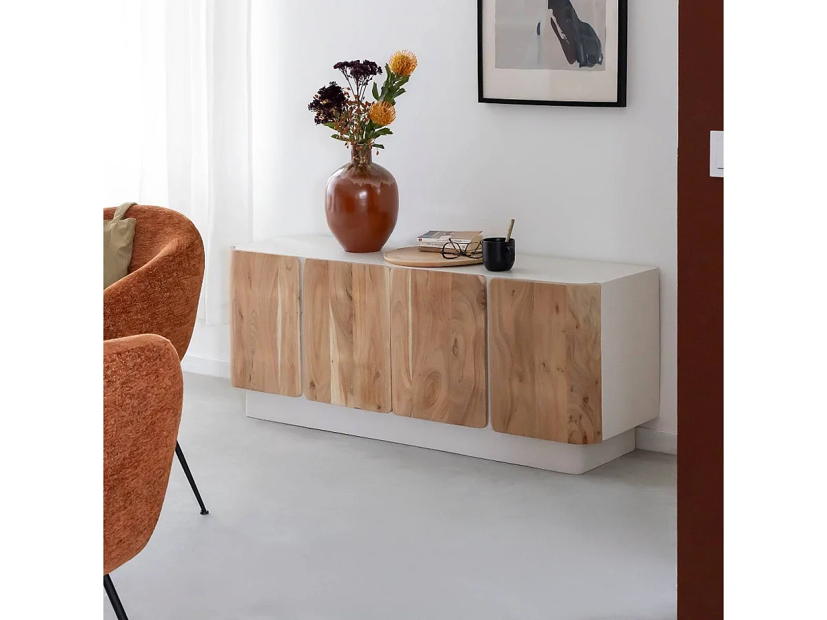 Meuble TV en bois de manguier blanchi et portes en acacia Mary