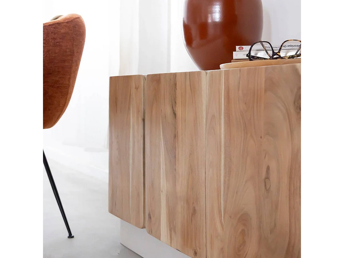 Meuble TV en bois de manguier blanchi et portes en acacia Mary