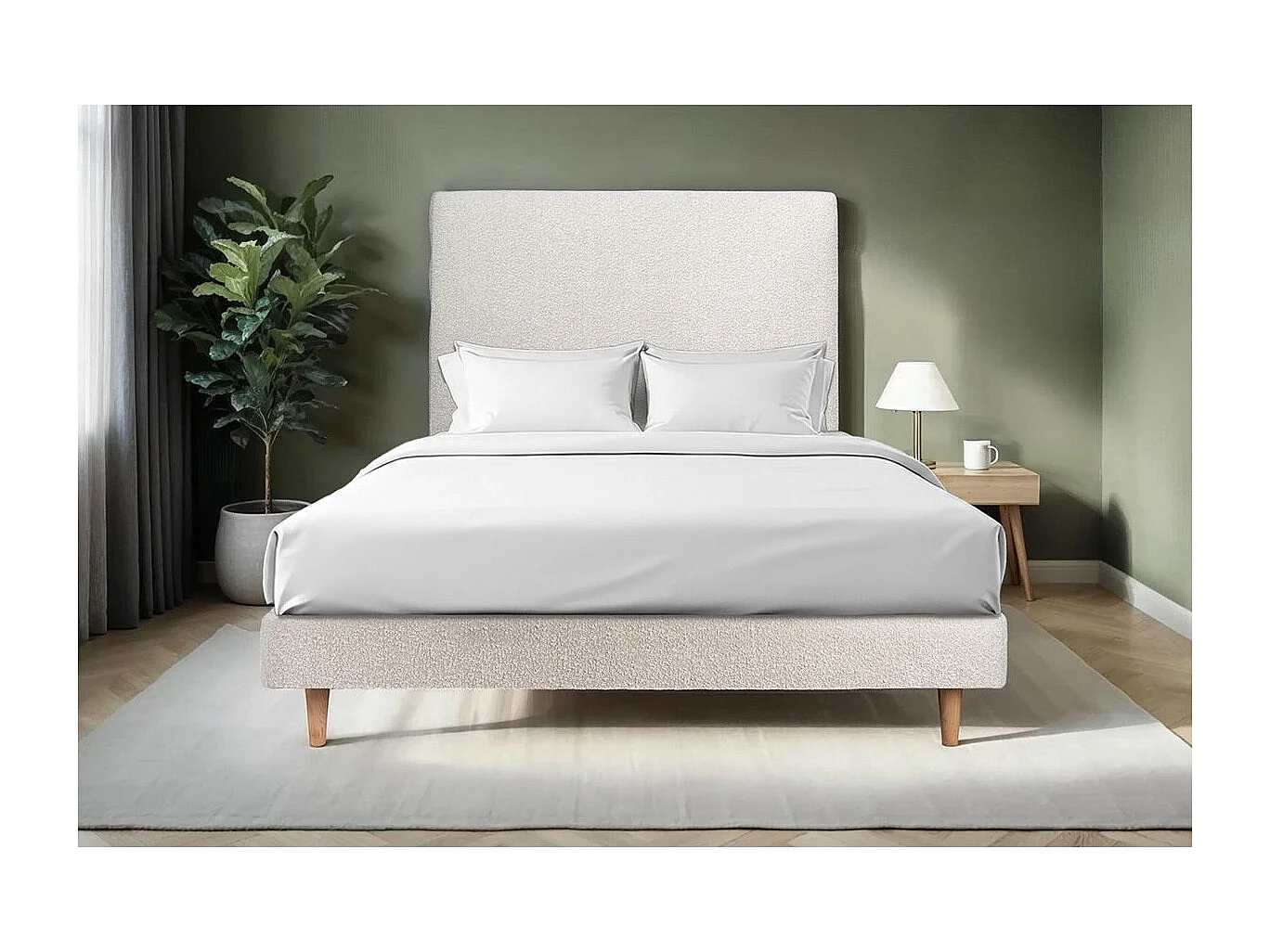 Lit 140x200cm avec tête de lit tapissier bouclette et sommier kit Beige - Hauteur totale : 29cm