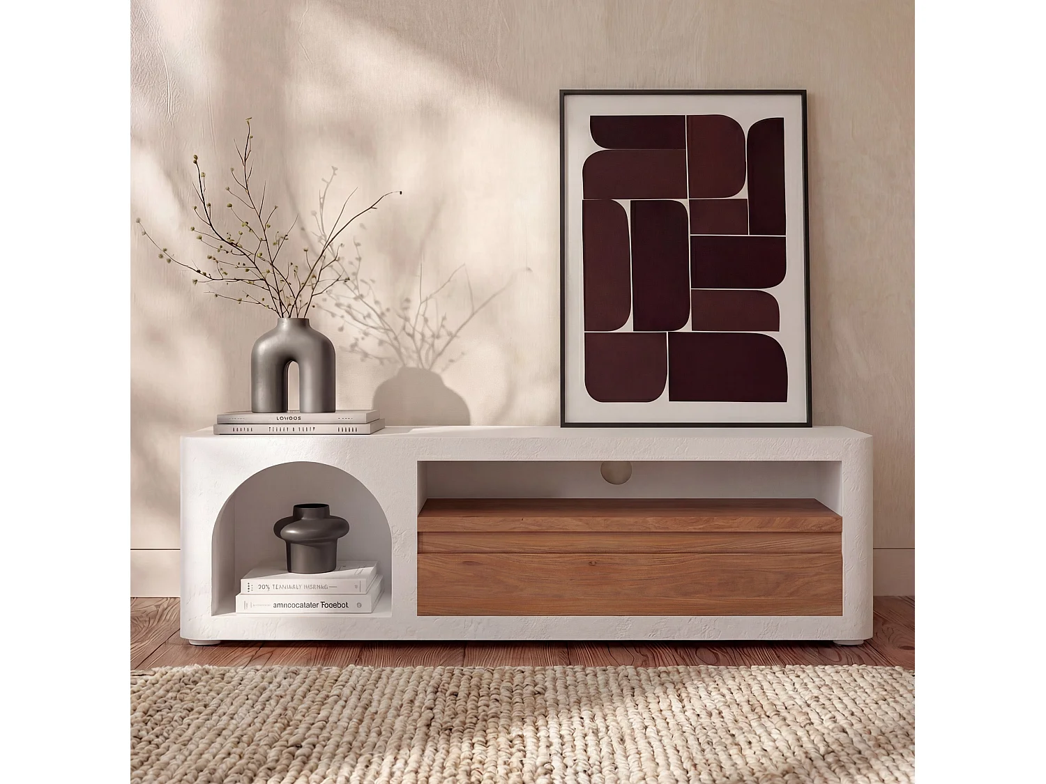 Meuble TV en plâtre blanc cassé 140 cm avec tiroir - Fira