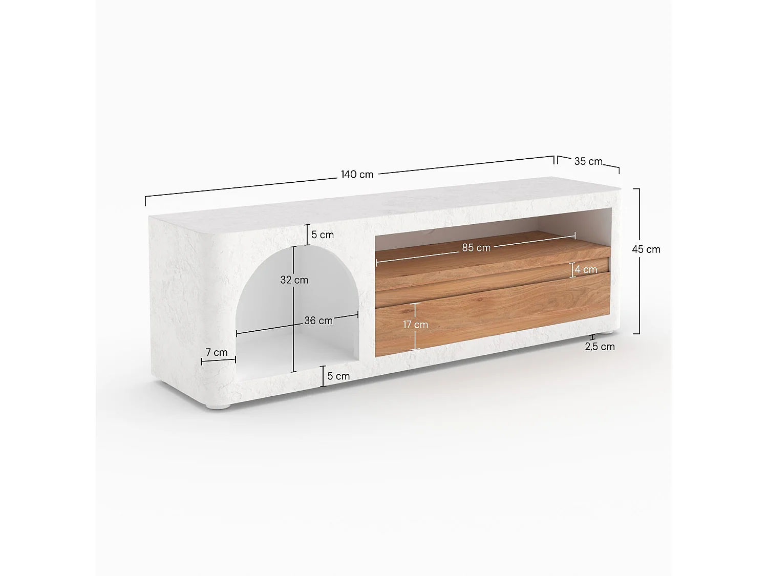 Meuble TV en plâtre blanc cassé 140 cm avec tiroir - Fira