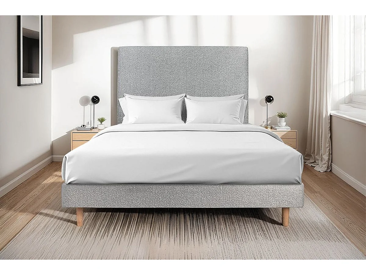 Lit 135x190cm avec tête de lit tapissier bouclette et sommier kit Gris - Hauteur totale : 29cm