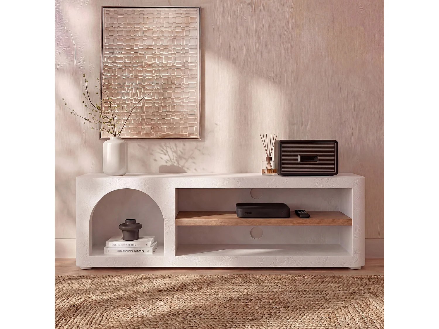 Meuble TV en plâtre blanc cassé 140 cm - Fira