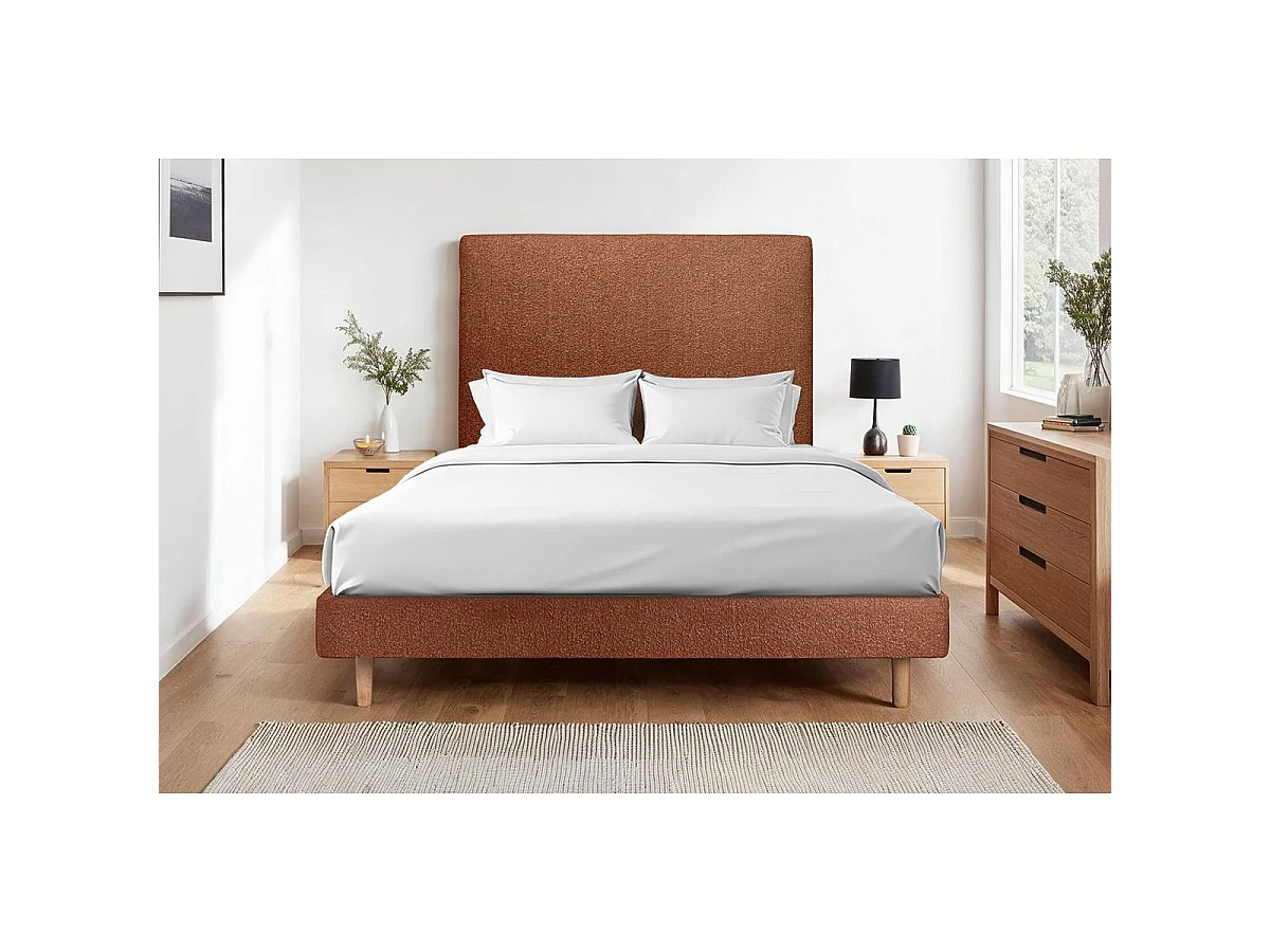 Lit 180x200cm avec tête de lit tapissier bouclette et sommier kit Terracotta - Hauteur totale : 29cm