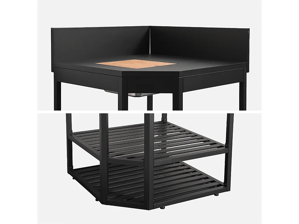 Cocina exterior de acero con cubitera y tabla de madera, 80cm negro