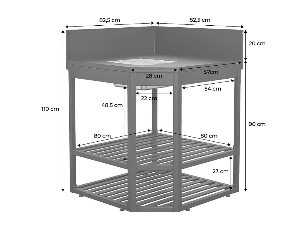 Cocina exterior de acero con cubitera y tabla de madera, 80cm negro