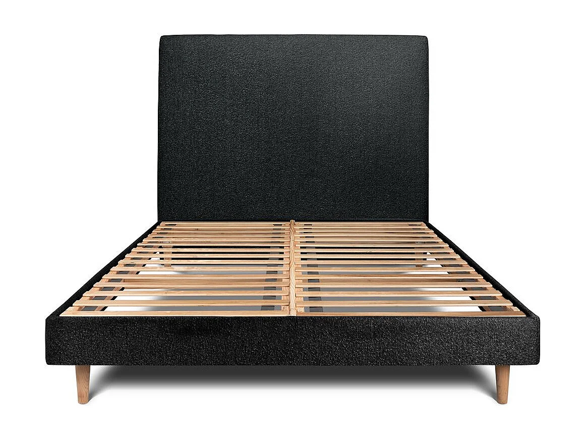 Lit 150x190cm avec tête de lit tapissier bouclette et sommier kit Noir - Hauteur totale : 29cm