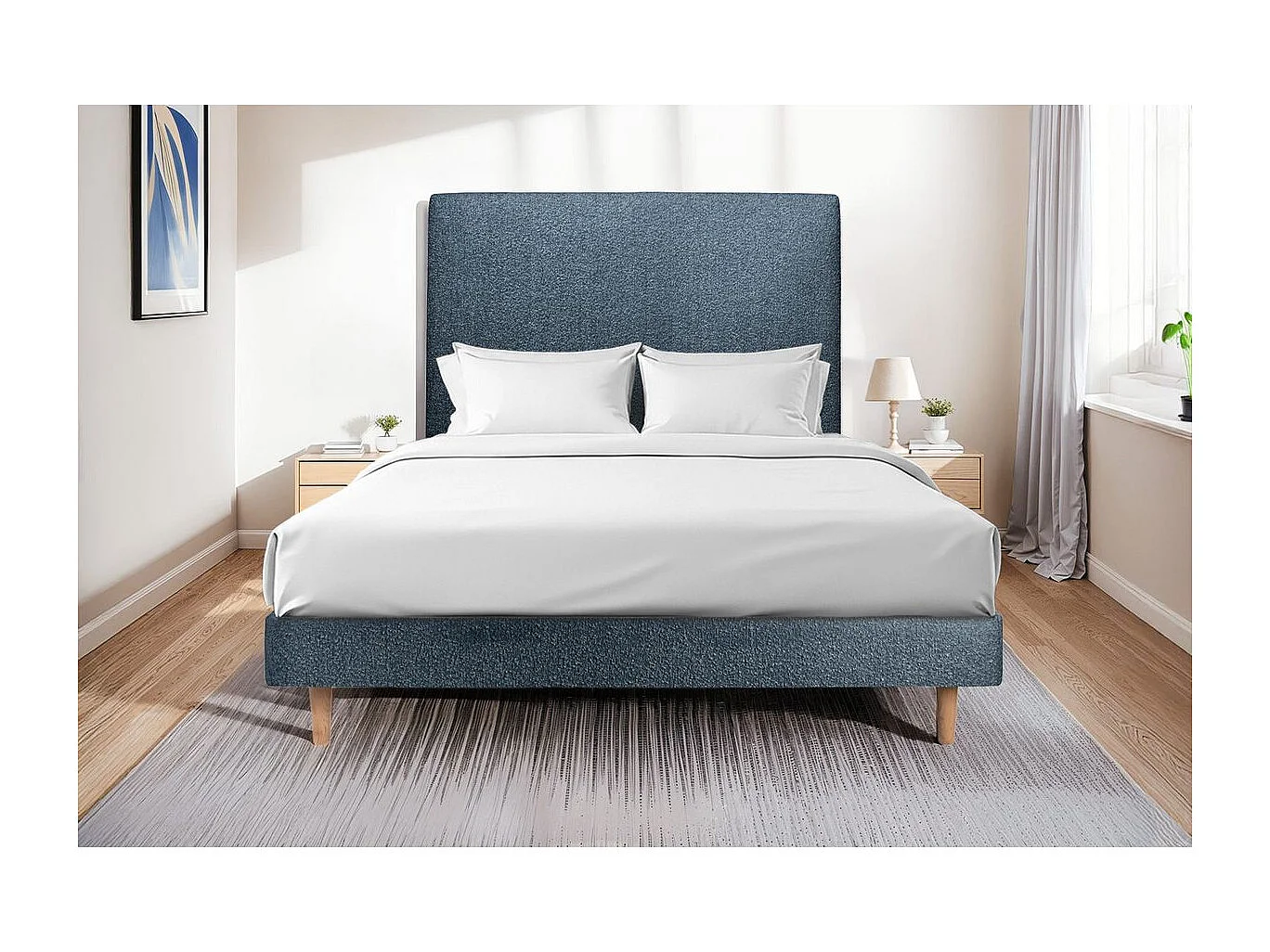 Lit 180x200cm avec tête de lit tapissier bouclette et sommier kit Bleu - Hauteur totale : 29cm