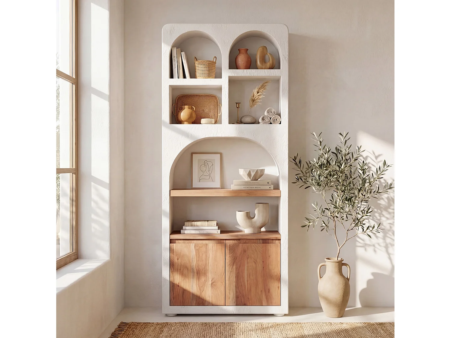 Biblioteca de yeso blanco roto y madera de acacia - Fira