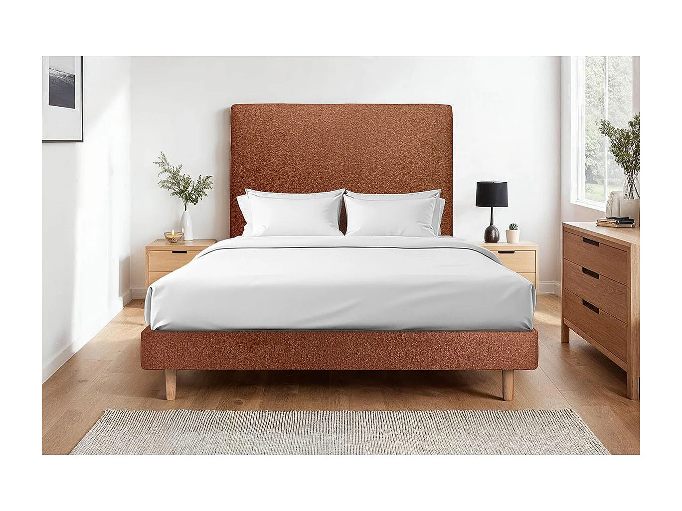 Lit 150x190cm avec tête de lit tapissier bouclette et sommier kit Terracotta - Hauteur totale : 29cm