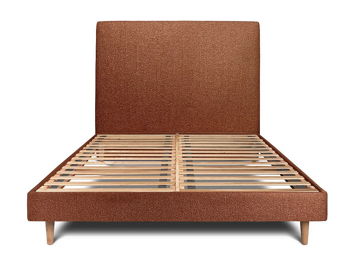 Lit 135x190cm avec tête de lit tapissier bouclette et sommier kit Terracotta - Hauteur totale : 29cm