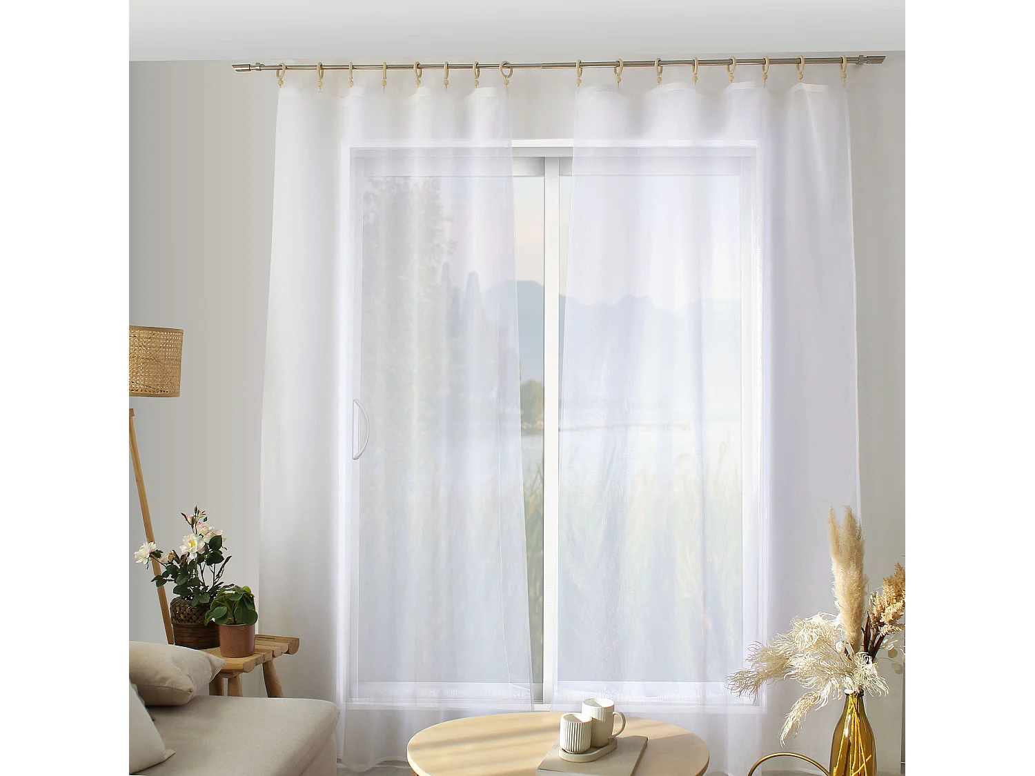 2 voilages à œillets en bois, 140x240cm, blanc, aspect lin, Collection Natura, CMADECO