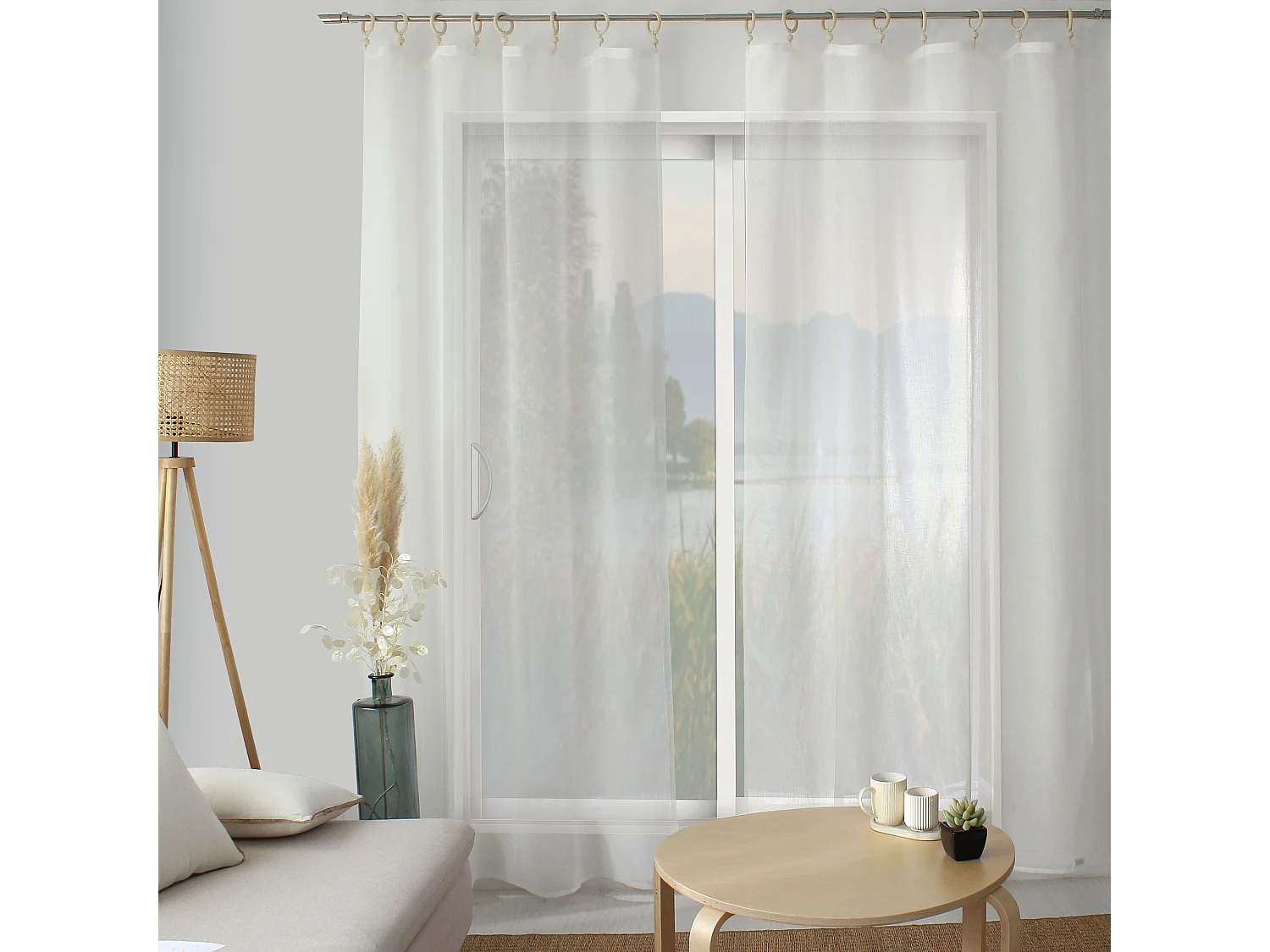 2 voilages à œillets en bois, 140x240cm, écru, aspect lin, Collection Natura, CMADECO