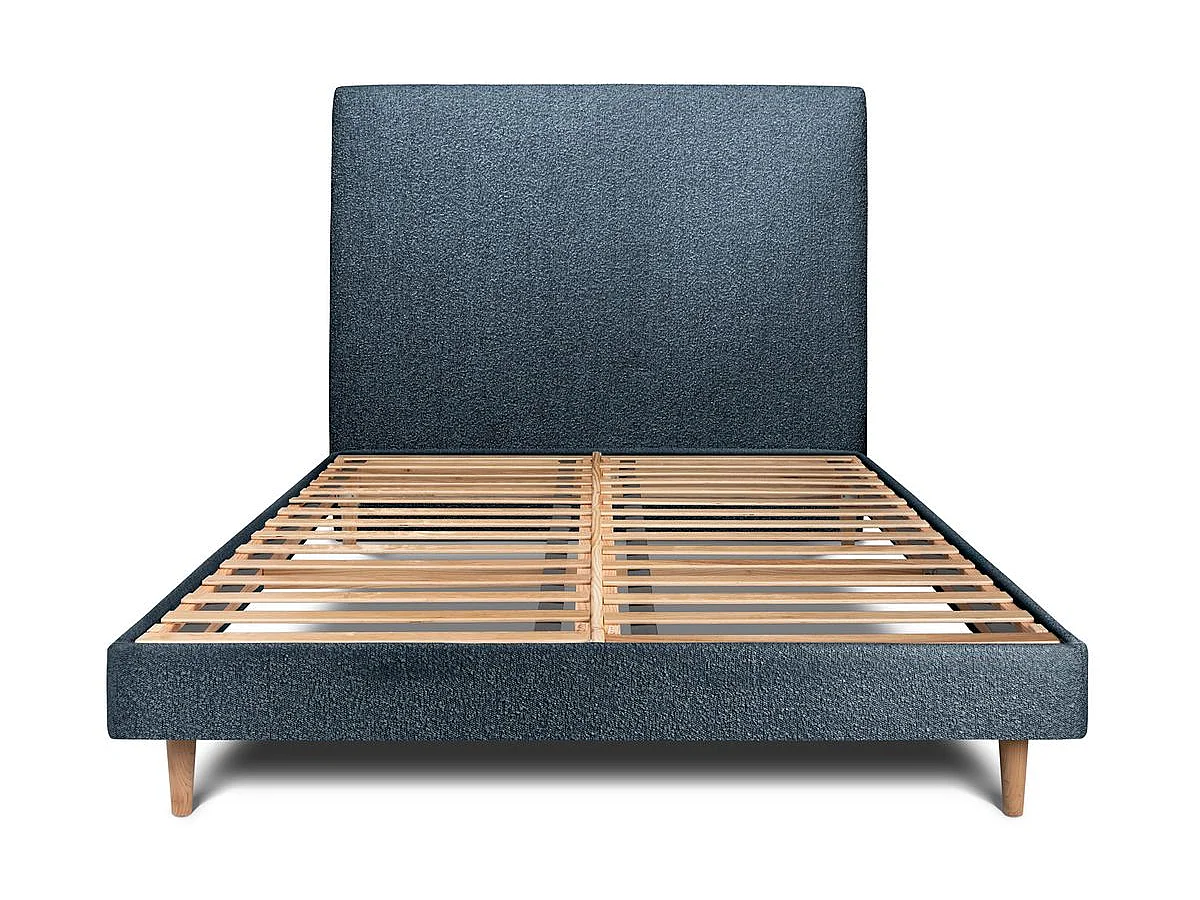 Lit 150x190cm avec tête de lit tapissier bouclette et sommier kit Bleu - Hauteur totale : 29cm