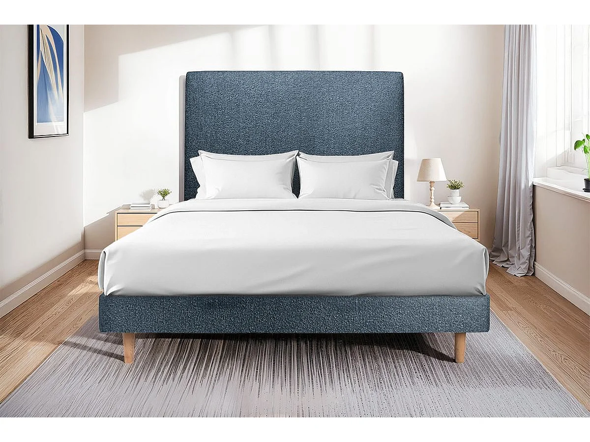 Lit 150x190cm avec tête de lit tapissier bouclette et sommier kit Bleu - Hauteur totale : 29cm
