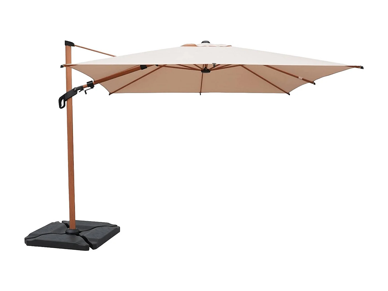 Parasol déporté rectangulaire 3x4m. mât effet bois beige + Base 50 - Etretat/Baso