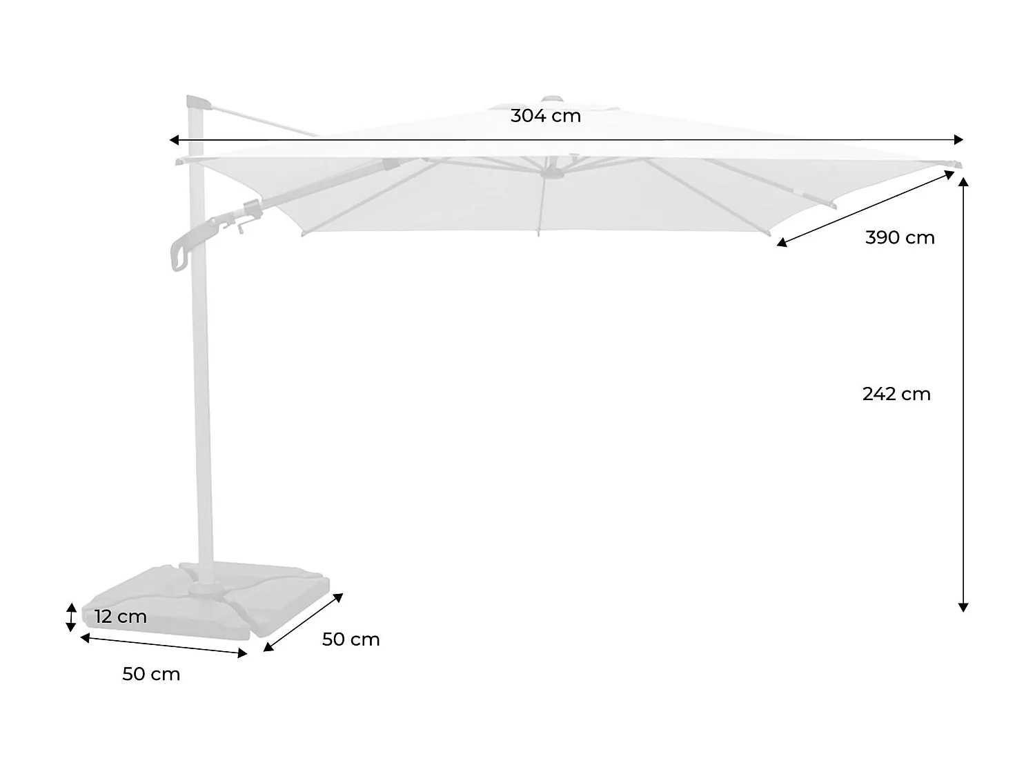 Parasol déporté rectangulaire 3x4m. mât effet bois beige + Base 50 - Etretat/Baso