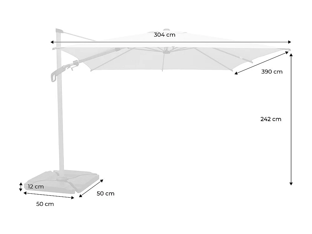 Parasol déporté rectangulaire 3x4m. mât effet bois beige + Base 50 - Etretat/Baso