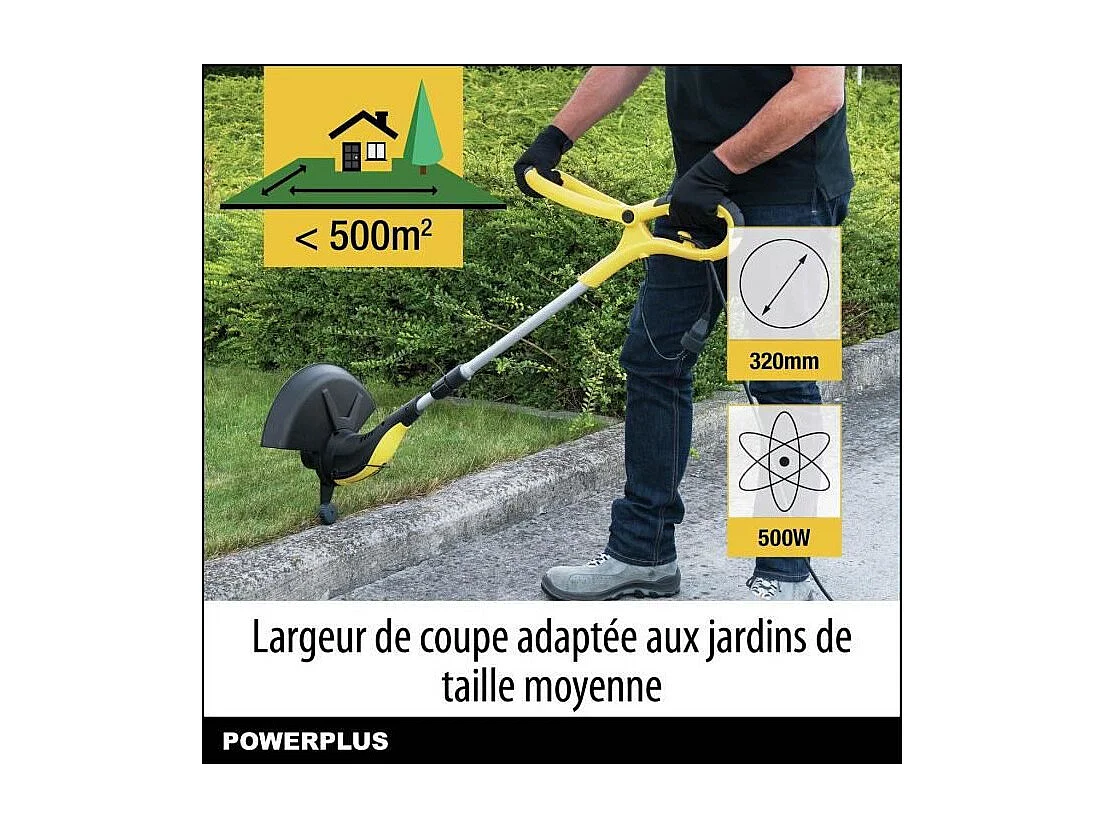 Coupe-bordures électrique POWERPLUS POWXG30033 500 W, tête pivotante, manche télescopique jaune et noir