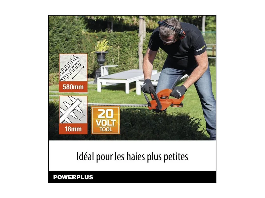 Bezprzewodowe nożyce do żywopłotu 20V POWDPG7531 - Ostrze dwustronne 58 cm, rozstaw zębów 18 mm, lekkie 2,03 kg, bezpieczeństwo dwuręczne