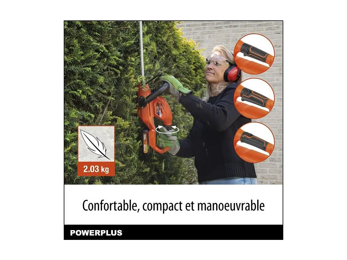 Bezprzewodowe nożyce do żywopłotu 20V POWDPG7531 - Ostrze dwustronne 58 cm, rozstaw zębów 18 mm, lekkie 2,03 kg, bezpieczeństwo dwuręczne