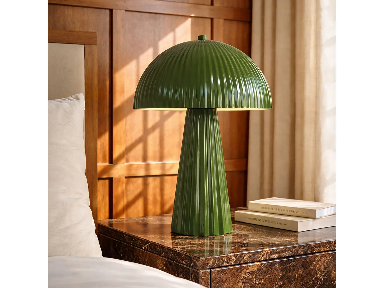 Now's Home - Lampe à Poser En Métal Strié Olive Brillant 25x25x36cm Thalia