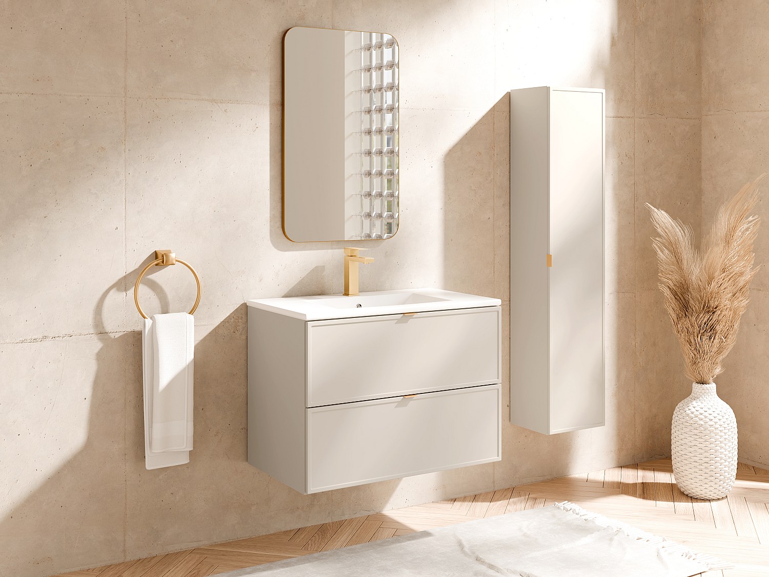 Svevende baderomsmøbel med nedfelt servant og høyskap - Beige - 80 cm - ONDIL