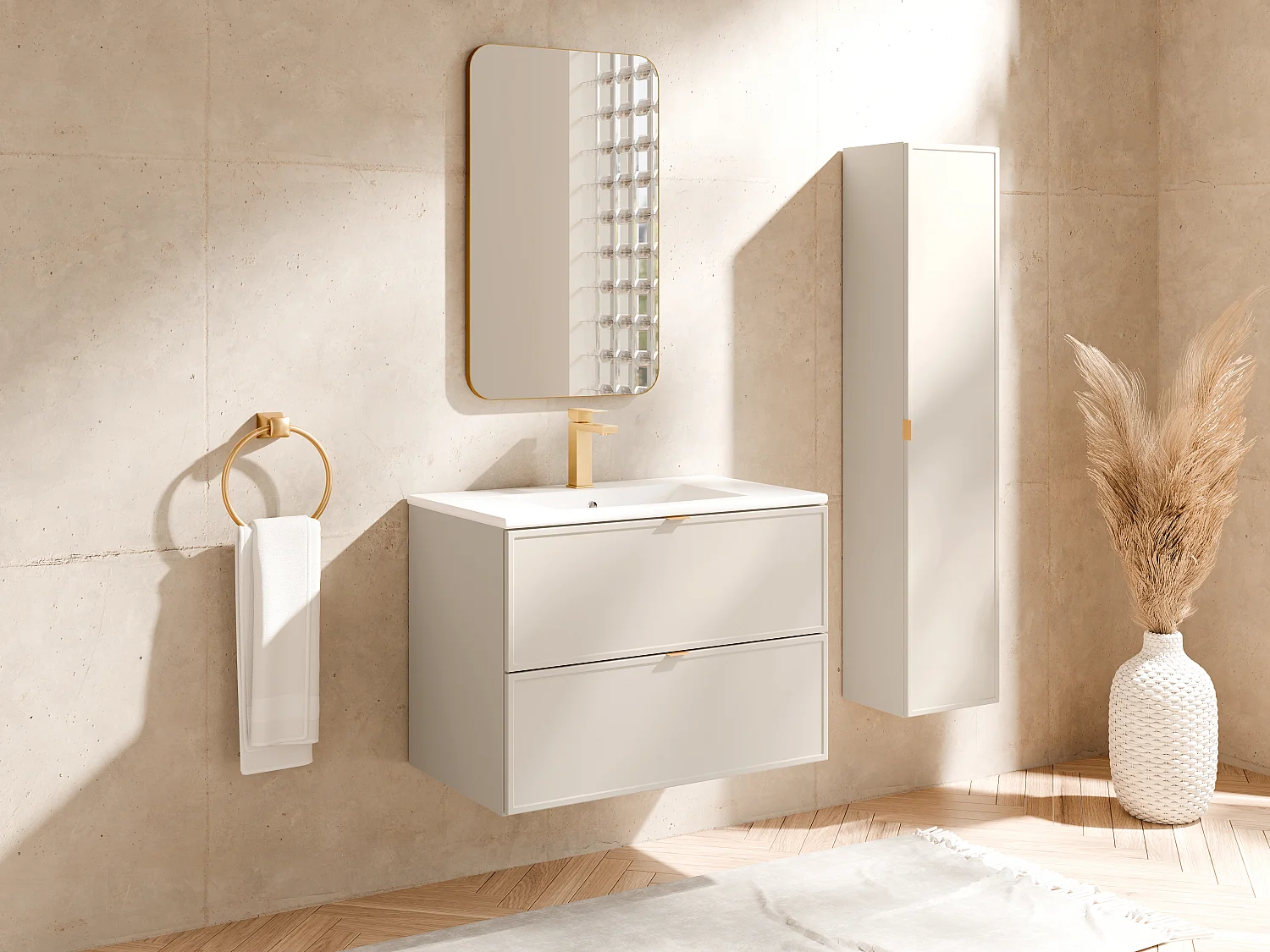Meuble de salle de bain suspendu avec vasque à encastrer et colonne - Beige - 80 cm - ONDIL