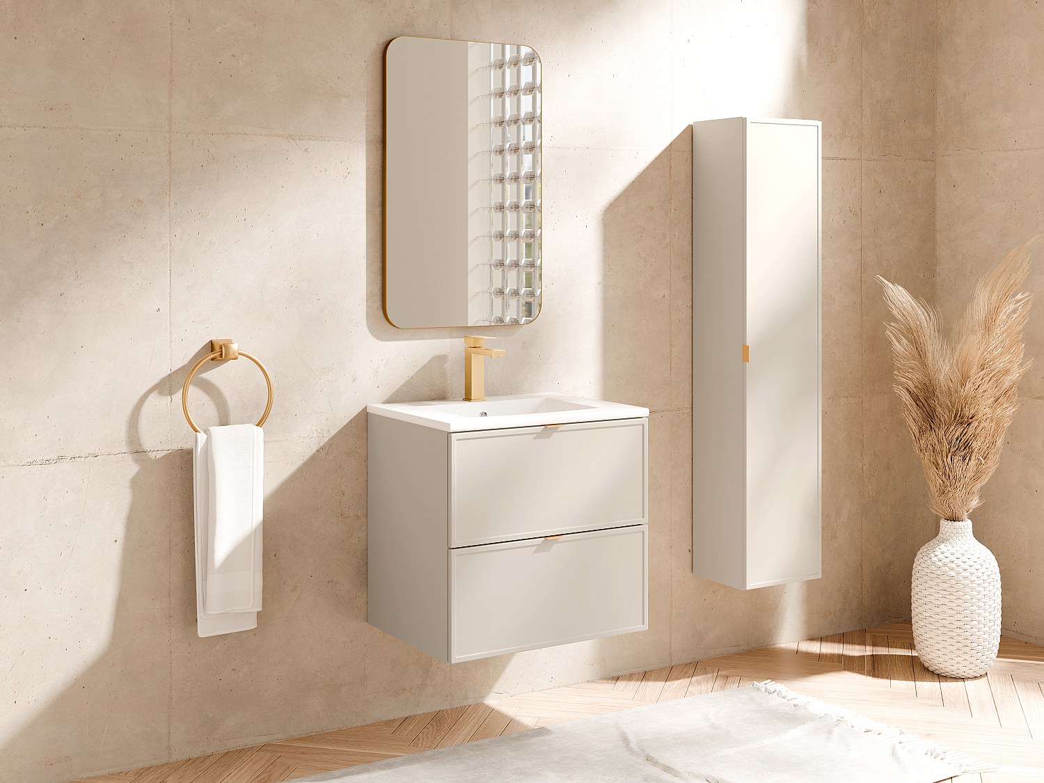Svevende baderomsmøbel med nedfelt vask og søyle - Beige - 60 cm - ONDIL
