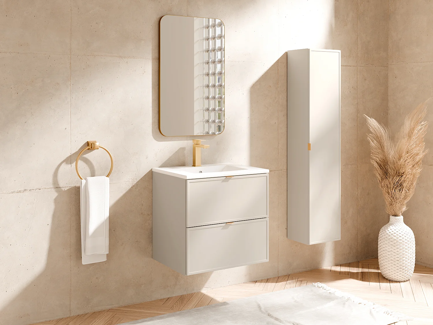 Meuble de salle de bain suspendu avec vasque à encastrer et colonne - Beige - 60 cm - ONDIL